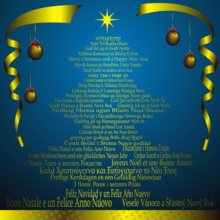 new year card with golden christmas and Christmas wishes in many languagesのイラスト素材