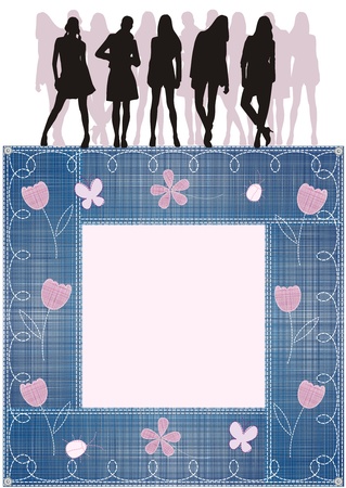 silhouettes of young people group on the jeans frameのイラスト素材