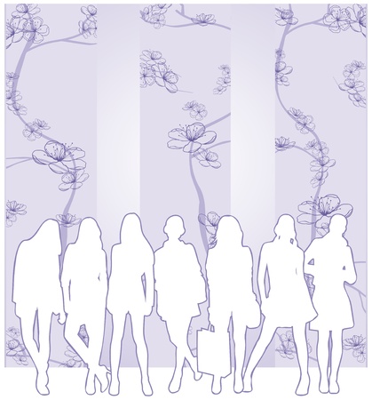 female group on spring flower pattern background のイラスト素材