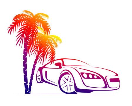 silhouette of muscle car near the palms, isolated on whiteのイラスト素材