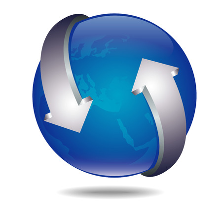 colorful technical icon with abstract Earth sphere and arrows, isolated on white with reflectionのイラスト素材