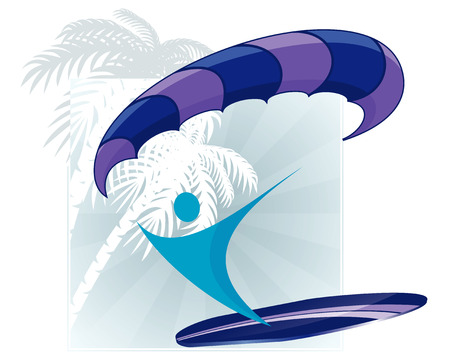 abstract surfer silhouette with paraplane and surf on abstract tropical silhouettes backgroundのイラスト素材