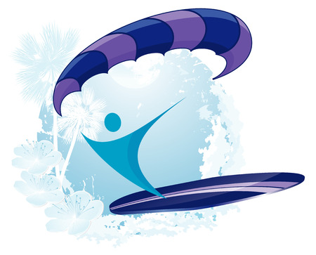 abstract surfer silhouette with paraplane and surf on abstract tropical silhouettes backgroundのイラスト素材