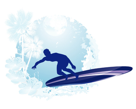 surfer silhouette with abstract tropical silhouettes backgroundのイラスト素材