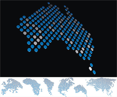 abstract Australia map from on array of blue and gray metallic points, on black background with maps of the continents on the white bottom lineのイラスト素材