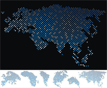 abstract Eurasia map from on array of blue and gray metallic points, on black background with maps of the continents on the white bottom lineのイラスト素材