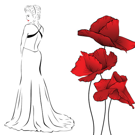 red poppies and young woman silhouette のイラスト素材