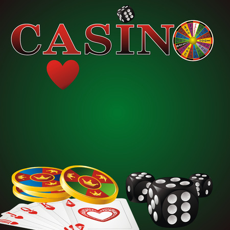 casino sign with fortune wheel, chips, dice and cards on green backgroundのイラスト素材