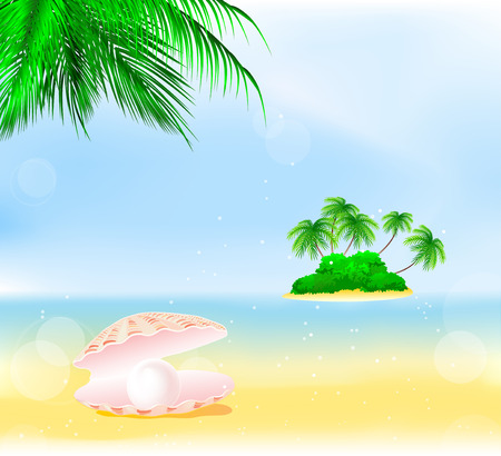 sea shell with pink pearl on the summer beach under the green palmsのイラスト素材