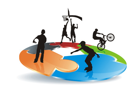 roller, bicycler and basketball players silhouettes on abstract puzzle field のイラスト素材