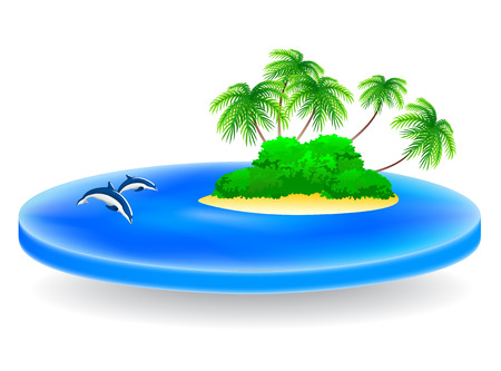 isolated sea field with tropical island and dolphinsのイラスト素材
