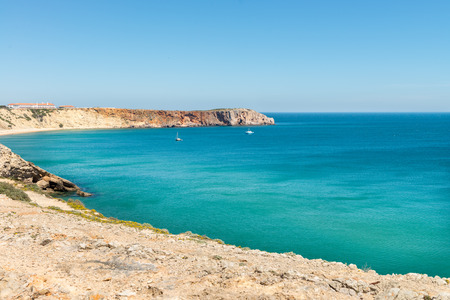 Coastline and beach in Sagres, Algarve, Portugalの写真素材