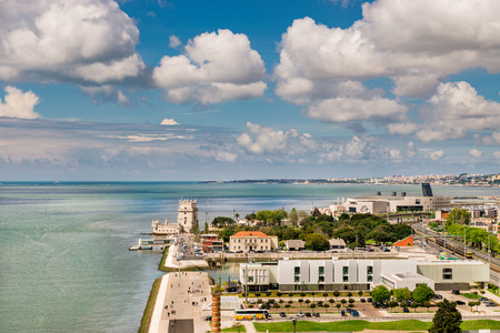 Aerial view of Belem Tower located on the Tagus River, Lisbon, Portugal