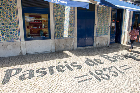 Lisbon, Portugal - April 21, 2014: The entrance of the famous Pasteis de Belem (Pastries of Belem) store in Belem, Lisbon, Portugalのeditorial素材