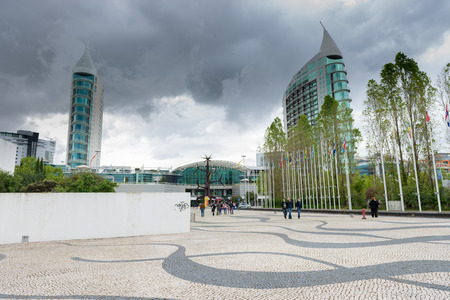 Lisbon, Portugal - April 20, 2014: Parque das Nacoes (Park of Nations) with modern buildings near the Tagus river, Lisbon Oceanarium and he MEO Arena in Lisbon, Portugal.のeditorial素材