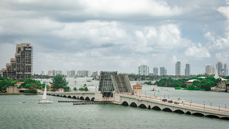 Miami, Florida, USA - October 7, 2012: Retractable Bridge and skyline of Miami South Beach seen from downtownのeditorial素材