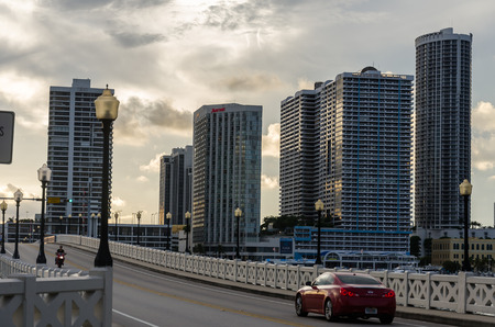 Miami, Florida, USA - October 10, 2012: Buildings and Skyline of Miami South Beach seen from downtown in Floridaのeditorial素材