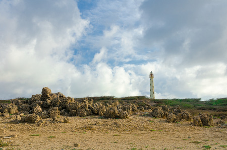 Aruba, Caribbean - September 25, 2012: The white old California Lighthouse in Aruba desert, North of Arubaのeditorial素材