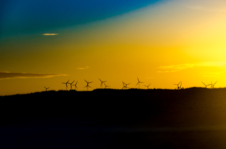 Landscape with windmills farm for clean energy at the sunset
