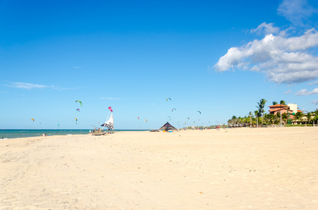 Cumbuco, Brazil, jul 9, 2017: Moored jangada boat over the white sandy beach in Brazilのeditorial素材