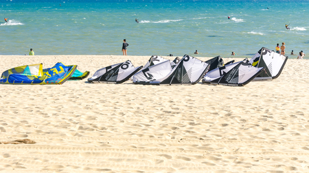 Cumbuco, Brazil, jul 9, 2017: Too many kitesurf boards over the sand in Cumbuco beachのeditorial素材