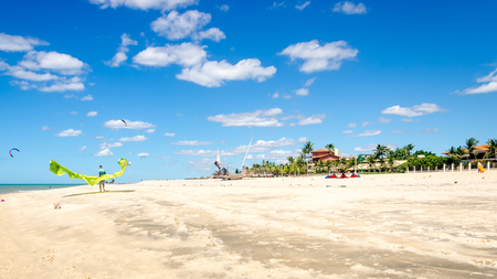 Cumbuco, Brazil, jul 9, 2017: Cumbuco white sand beach with many kitesurfers having funのeditorial素材