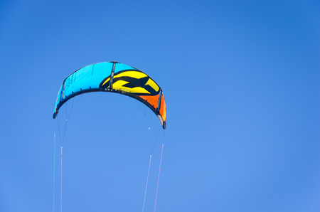Cumbuco, Brazil, jul 9, 2017: The kite kiteboarding closeup over with the bright blue sky as backgroundのeditorial素材