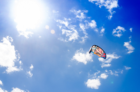 Cumbuco, Brazil, jul 9, 2017: The kite kiteboarding closeup over with the bright blue sky as backgroundのeditorial素材