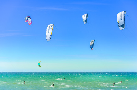 Cumbuco, Brazil, jul 9, 2017: Cumbuco white sand beach with many kitesurfers having funのeditorial素材