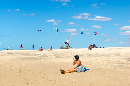 Cumbuco, Brazil, jul 9, 2017: A lot of kite surfers on the air in Cumbuco paradise beachのeditorial素材