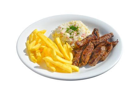 Tasty sliced steak garnished with rice and fries. White isolated backgroundの写真素材