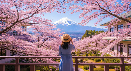 A woman in a blue dress and straw hat observes majestic Mount Fuji framed by blooming pink cherry blossom trees in Japanの素材