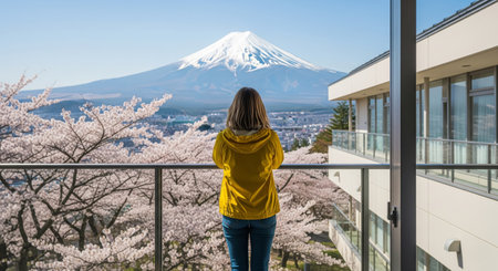 A woman in a golden coat observes majestic Mount Fuji framed by blooming white cherry blossom trees in Japanの素材