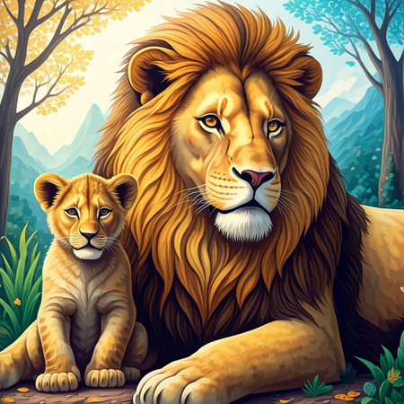 Family of lion and its cub african savage animal on a natural backgroundの素材