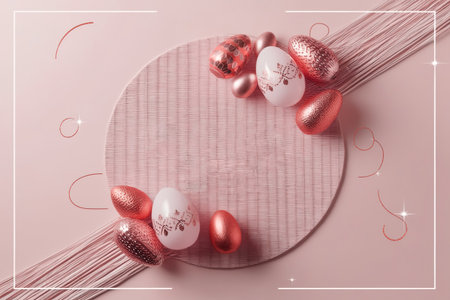 Easter card with rectangular frame and red ornate eggs on elegant background. illustration. Place for your text. floral patternの素材