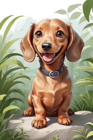 A happy Dachshund dog grins wide while posing, illustration of its joyful demeanor in a simplistic sceneryの素材