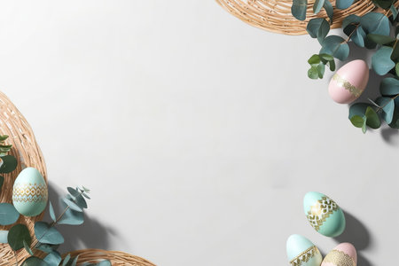 Happy Easter banner illustration, top view of colorfully painted Easter eggs and paintbrush on blue and pink background, painting egg, sweet decorative holiday celebration.の素材