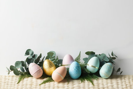 Happy Easter banner illustration, top view of colorfully painted Easter eggs and paintbrush on blue and pink background, painting egg, sweet decorative holiday celebration.の素材