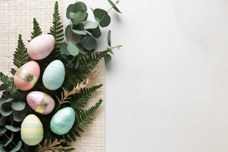 Happy Easter banner illustration, top view of colorfully painted Easter eggs and paintbrush on blue and pink background, painting egg, sweet decorative holiday celebration.の素材