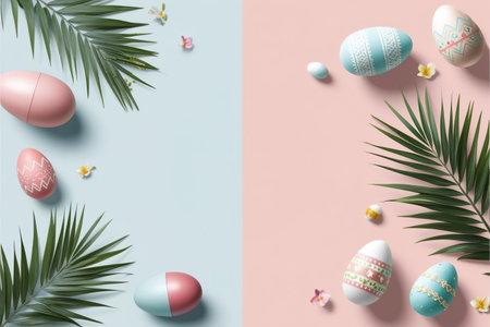 Happy Easter banner illustration, top view of colorfully painted Easter eggs and paintbrush on blue and pink background, painting egg, sweet decorative holiday celebration.の素材