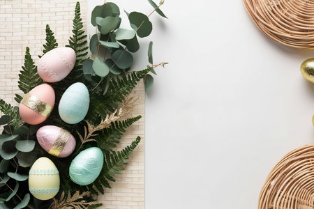 Happy Easter banner illustration, top view of colorfully painted Easter eggs and paintbrush on blue and pink background, painting egg, sweet decorative holiday celebration.の素材