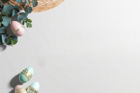 Happy Easter banner illustration, top view of colorfully painted Easter eggs and paintbrush on blue and pink background, painting egg, sweet decorative holiday celebration.の素材