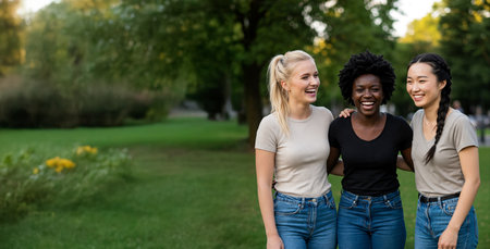 Three Young Women Laughing Together in a Park, Displaying Friendship, Joy, Diversity, and Unity in a Natural Outdoor Settingの素材