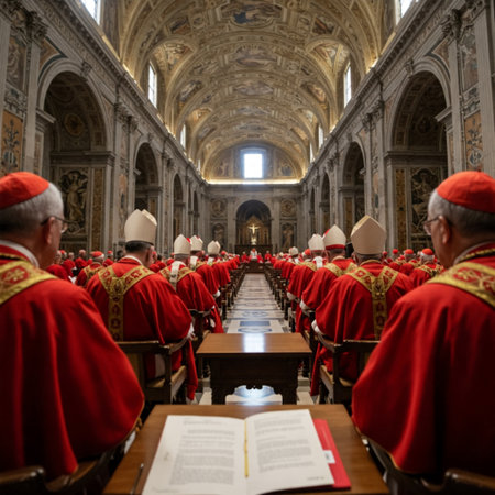 Blurred image of Ceremonial Gathering of Catholic Cardinals and Clergy in Traditional Vestments During a Solemn Religious Service Inside a Grand Church Sanctuary. to be used as backgroundの素材