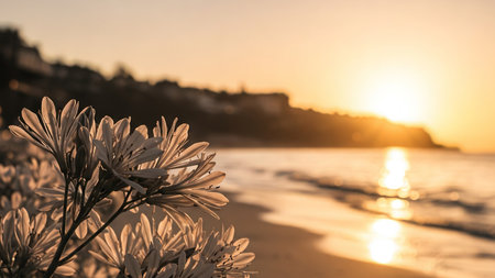Golden sunset over serene beach with flowers in foreground, calm ocean waves and silhouettes of palm trees along distant coastlineの素材