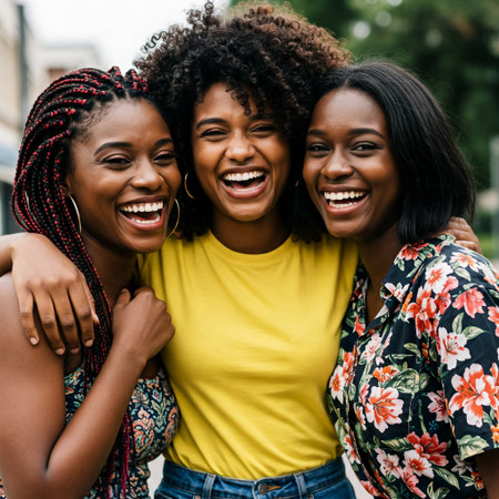 A Cheerful Group with Afro-textured Hair and Braids Embrace, Radiating Joy and Friendship Against a Neutral Backdrop.の素材