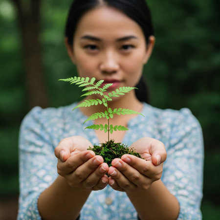 An Asian woman Holding a Small Growing Plant. Hope and Sustainability.の素材