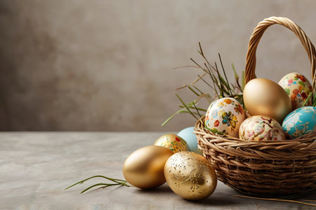 Festive Easter banner, template for website. Realistic design elements. Spring holidays. Easter eggs in basket. View from above. Blue background.の素材