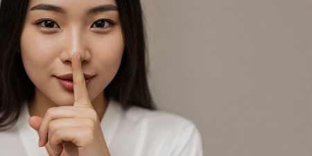 Smiling Asian Woman Holding Finger to Lips in Quiet Gesture, Blending Playfulness, Calm, and the Power of Silent Expressionの素材
