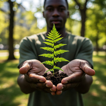 A black man holding a small growing plant. Hope and Sustainability.の素材